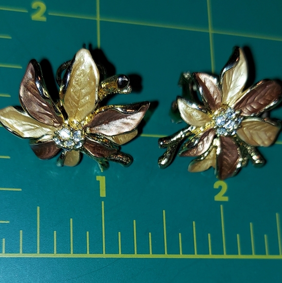 Enamel & Crystals Flower Goldtone Clip On Earrings + Gift Bag - Picture 4 of 4